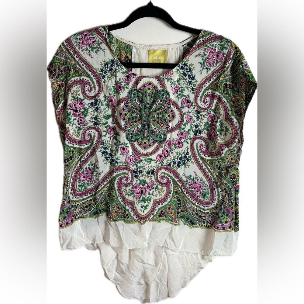 Maeve Anthropologie Silk Paisley Rose Print Blouse White with Pink & Green